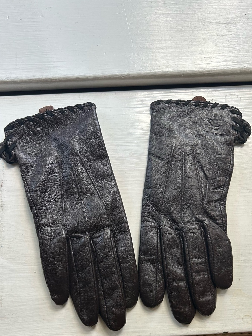 Ralph Lauren Dark Brown Leather Women's Gloves with Whipstitch Trim